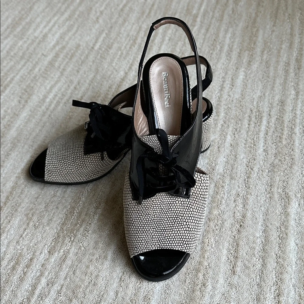 EUC Beautifeel Slingback Peep Toe Lace up Sandals Black Patent Dots EU 40 US 9.5